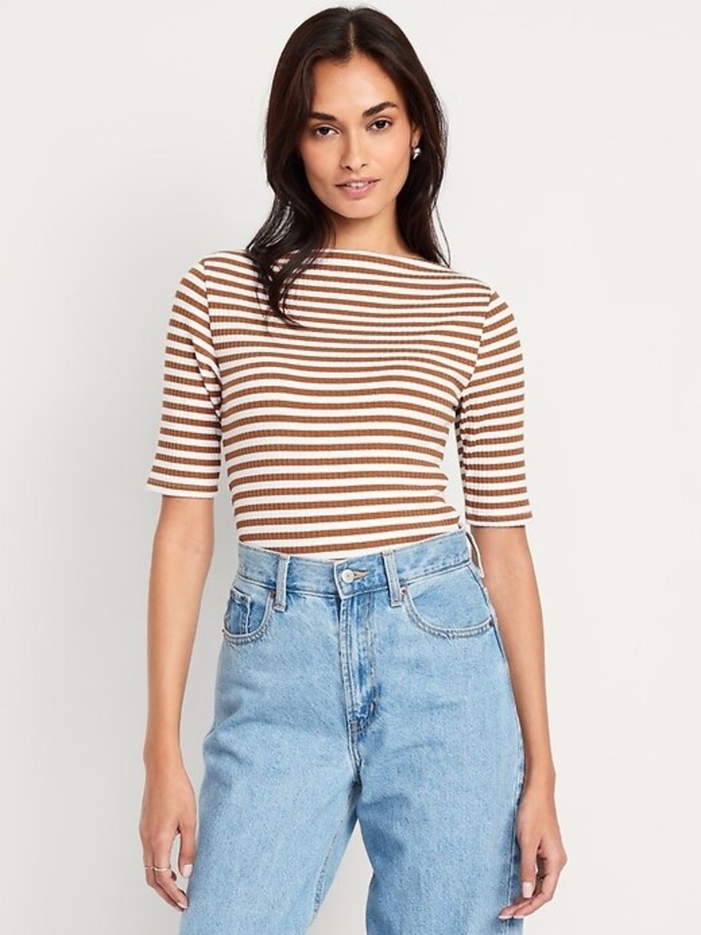 Old Navy Burnt Orange White Striped Ribbed Boat Neck Top Size L